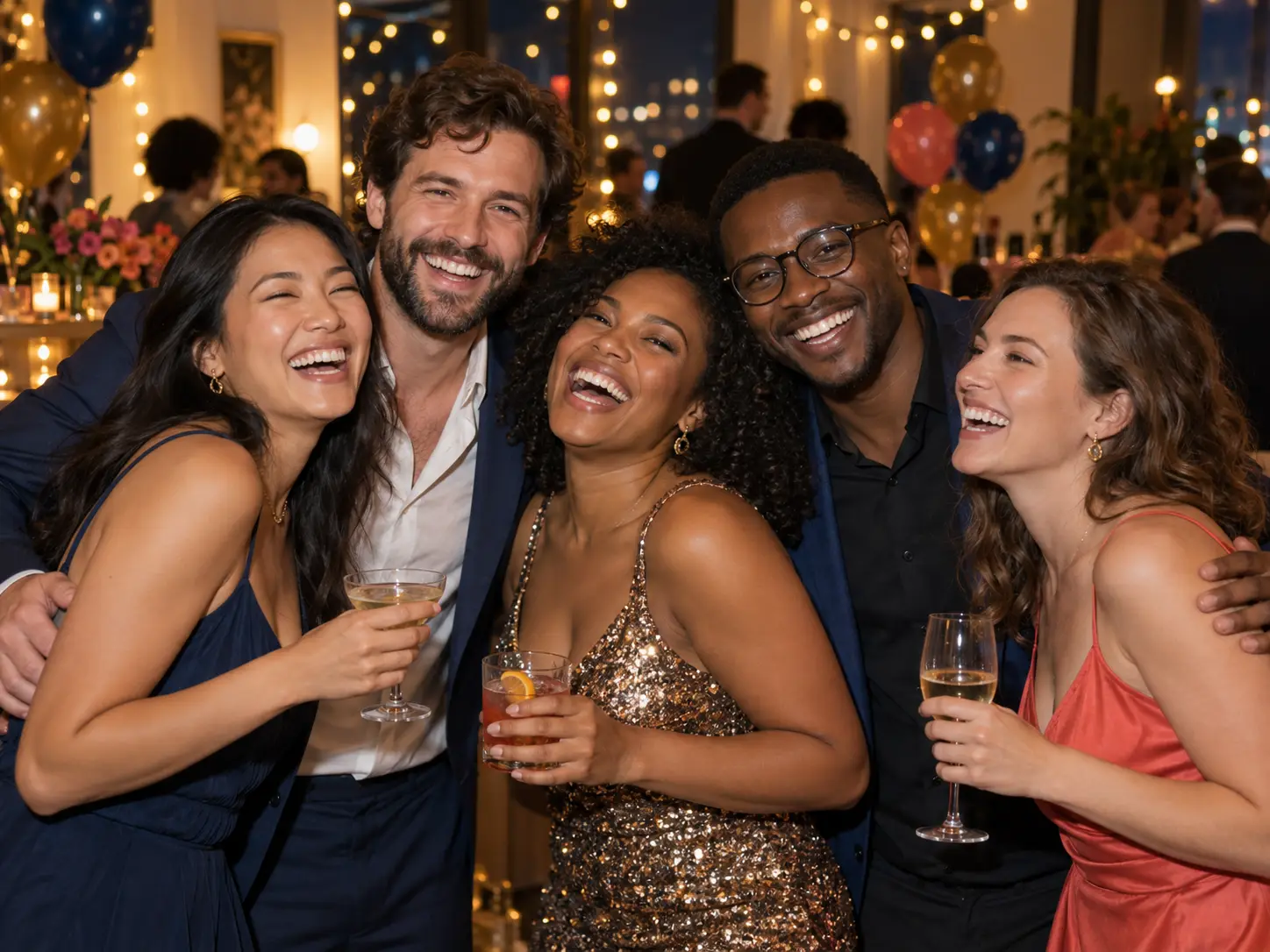 Friends laughing together at a lively evening party